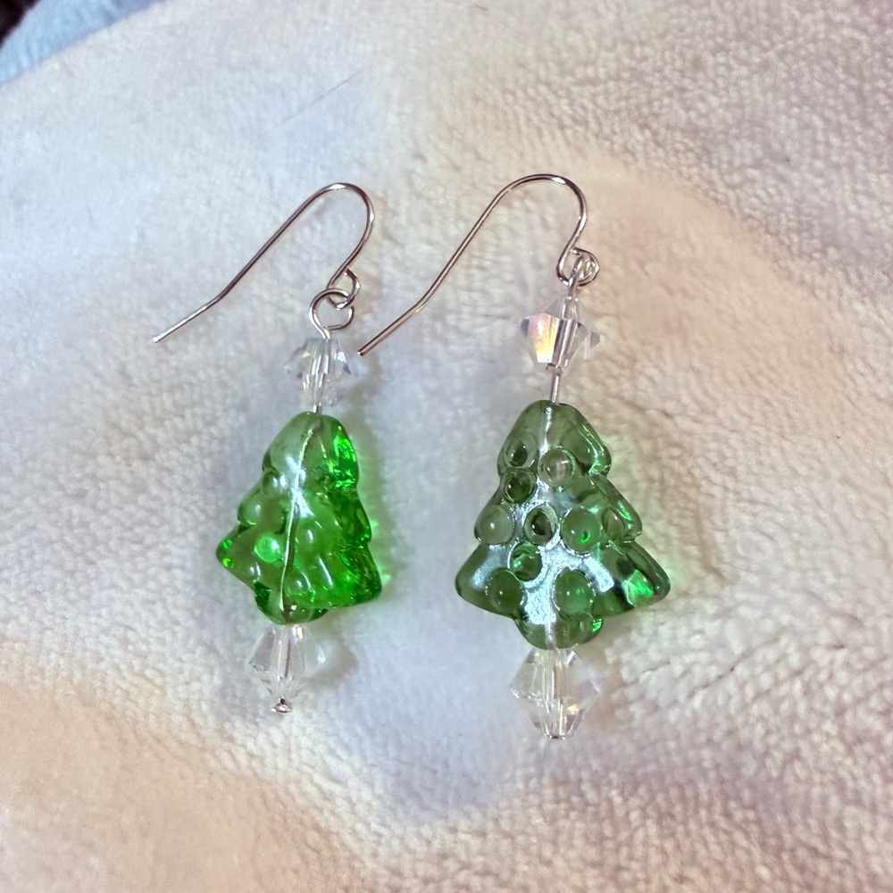 Artisan green translucent glass Christmas tree Earrings with Swarovski Crystals